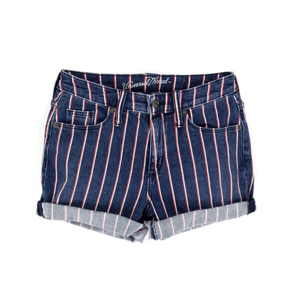 Universal Thread Jean Shorts Cuffed Womens 2/26 Blue Red White Striped Stretch‎